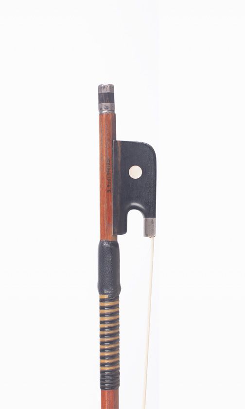 A silver-mounted cello bow by Rudi Steinel, Germany — frog detail