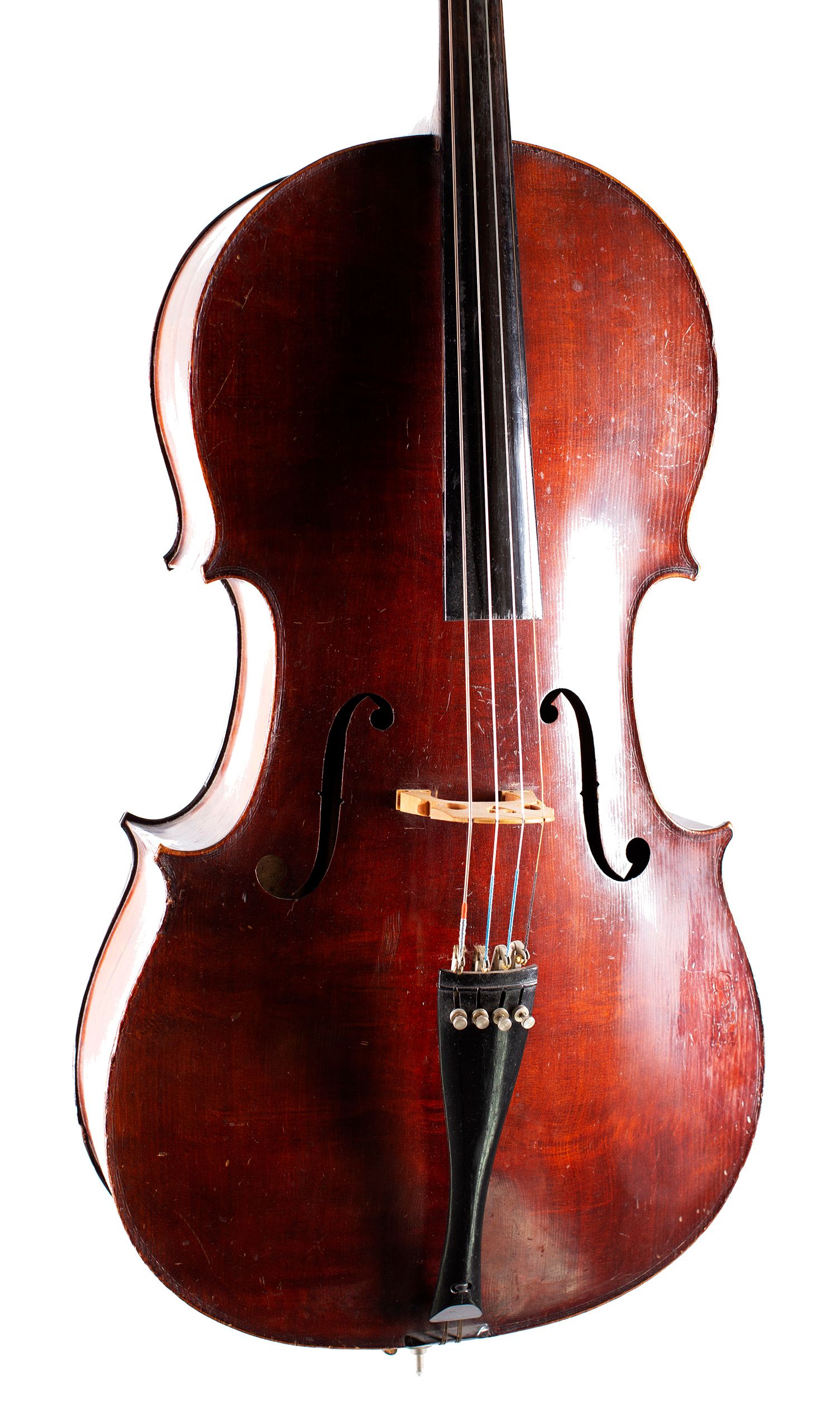 Cello, Workshop of Jérôme Thibouville-Lamy, Mirecourt, 1910 — angled view, 20°