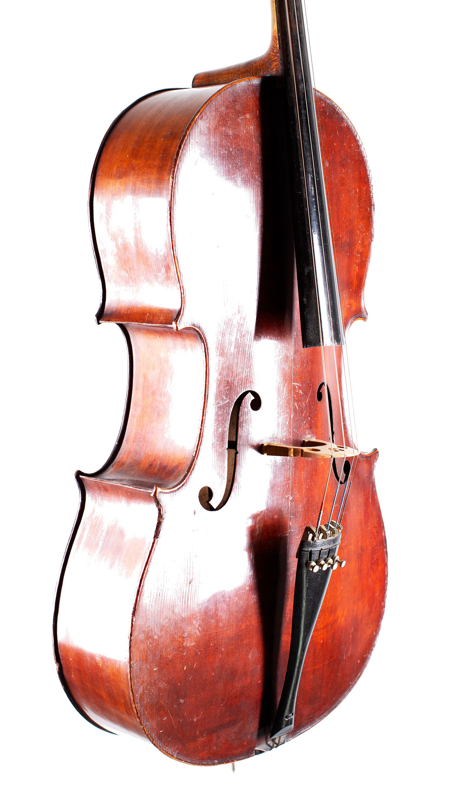 Cello, Workshop of Jérôme Thibouville-Lamy, Mirecourt, 1910 — angled view, 50°
