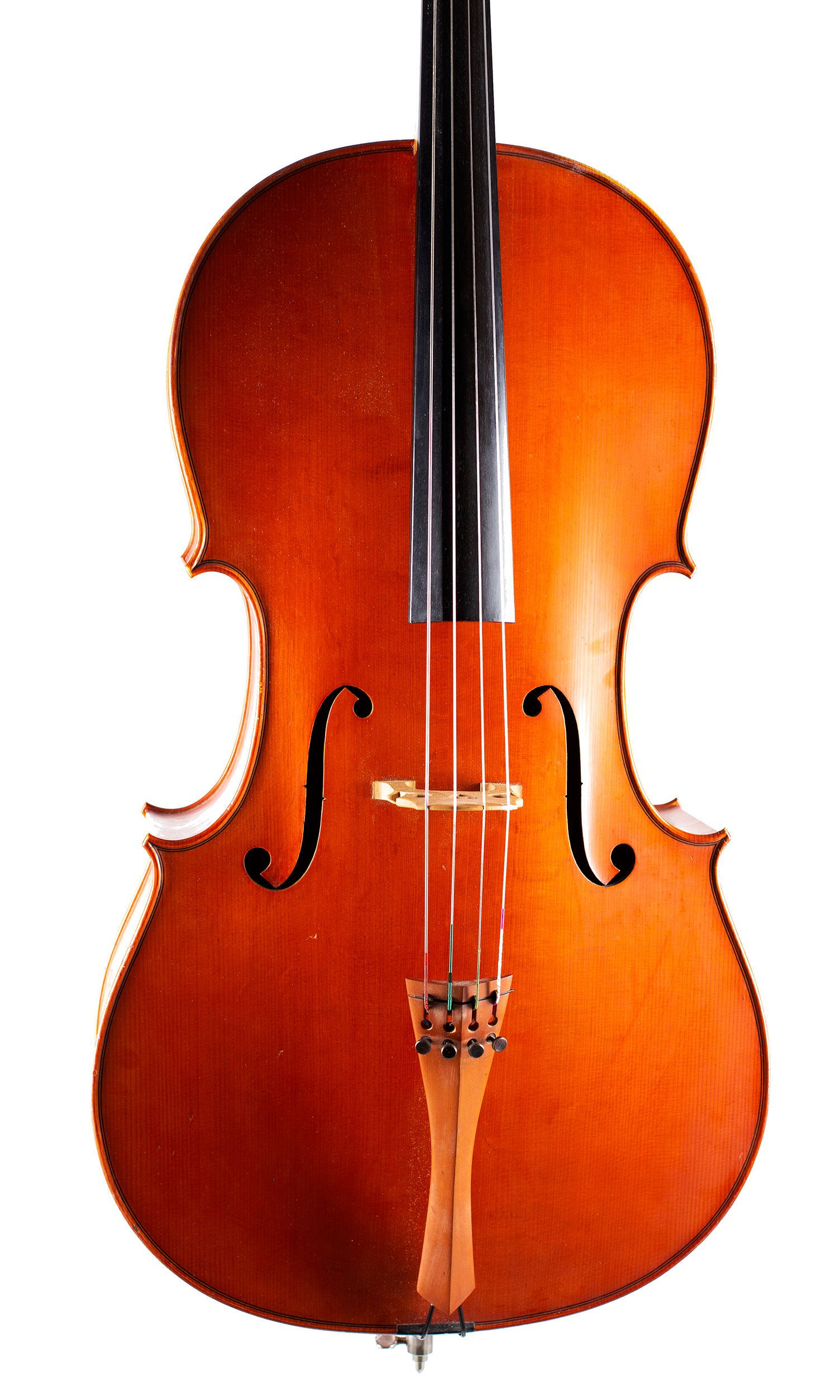 A cello by Rowland Ross, Guildford, 1979 — angled view, 10°