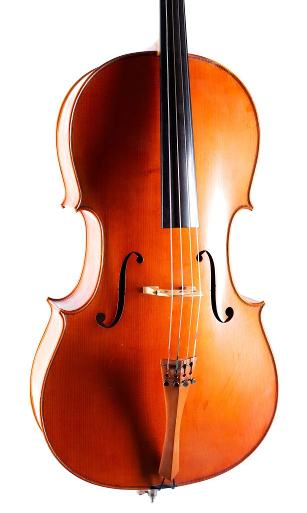 A cello by Rowland Ross, Guildford, 1979 — angled view, 20°