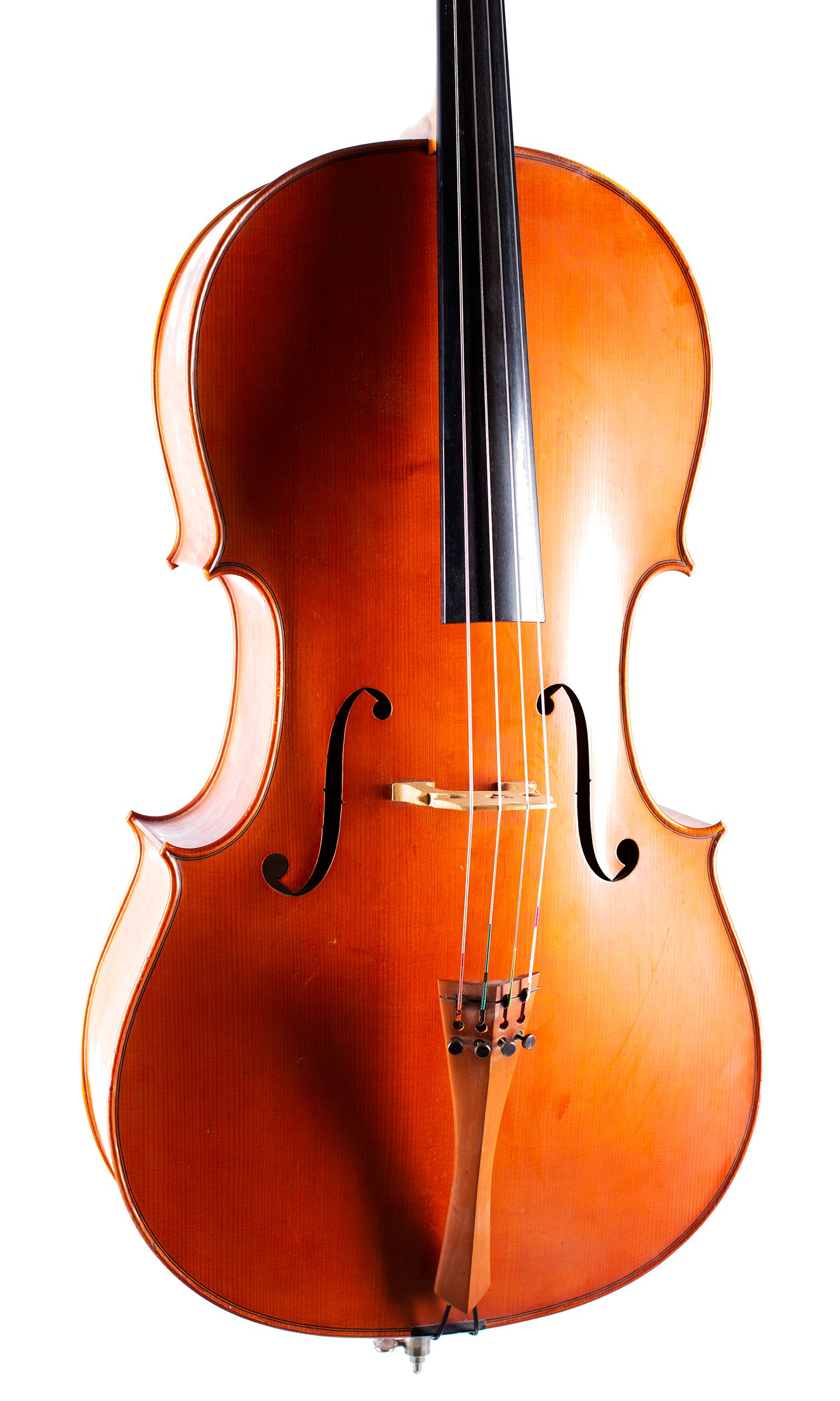 A cello by Rowland Ross, Guildford, 1979 — angled view, 20°
