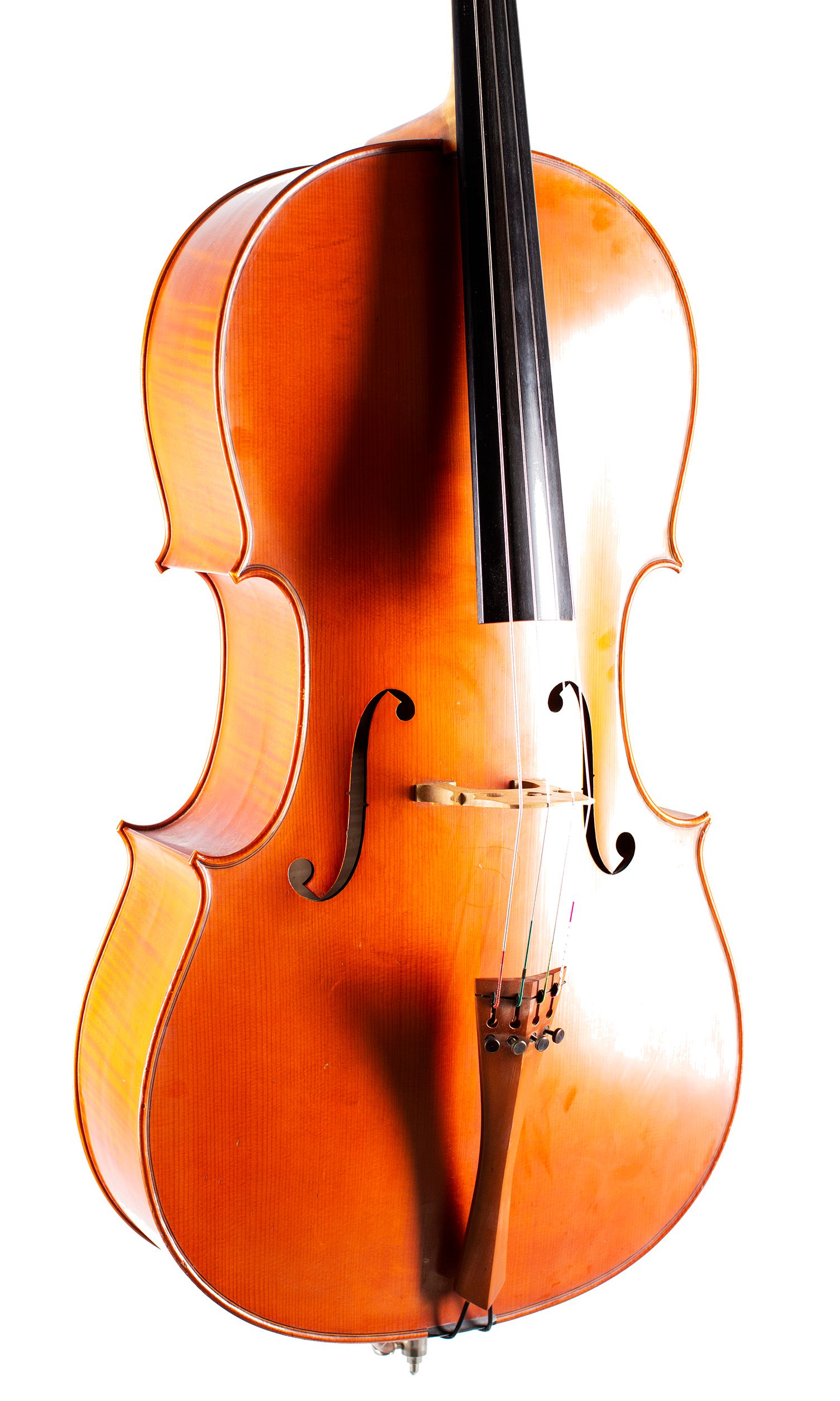 A cello by Rowland Ross, Guildford, 1979 — angled view, 30°