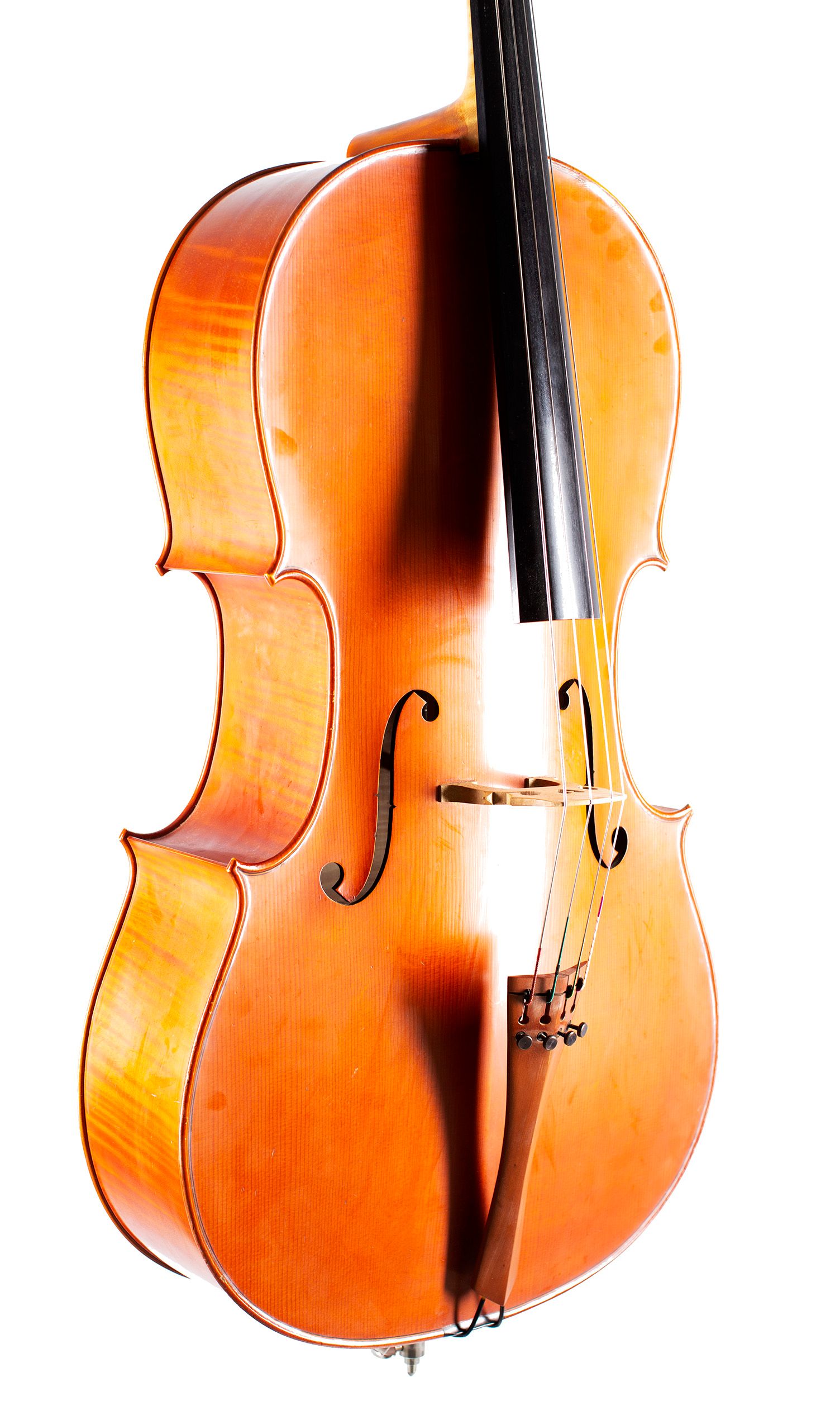 A cello by Rowland Ross, Guildford, 1979 — angled view, 40°