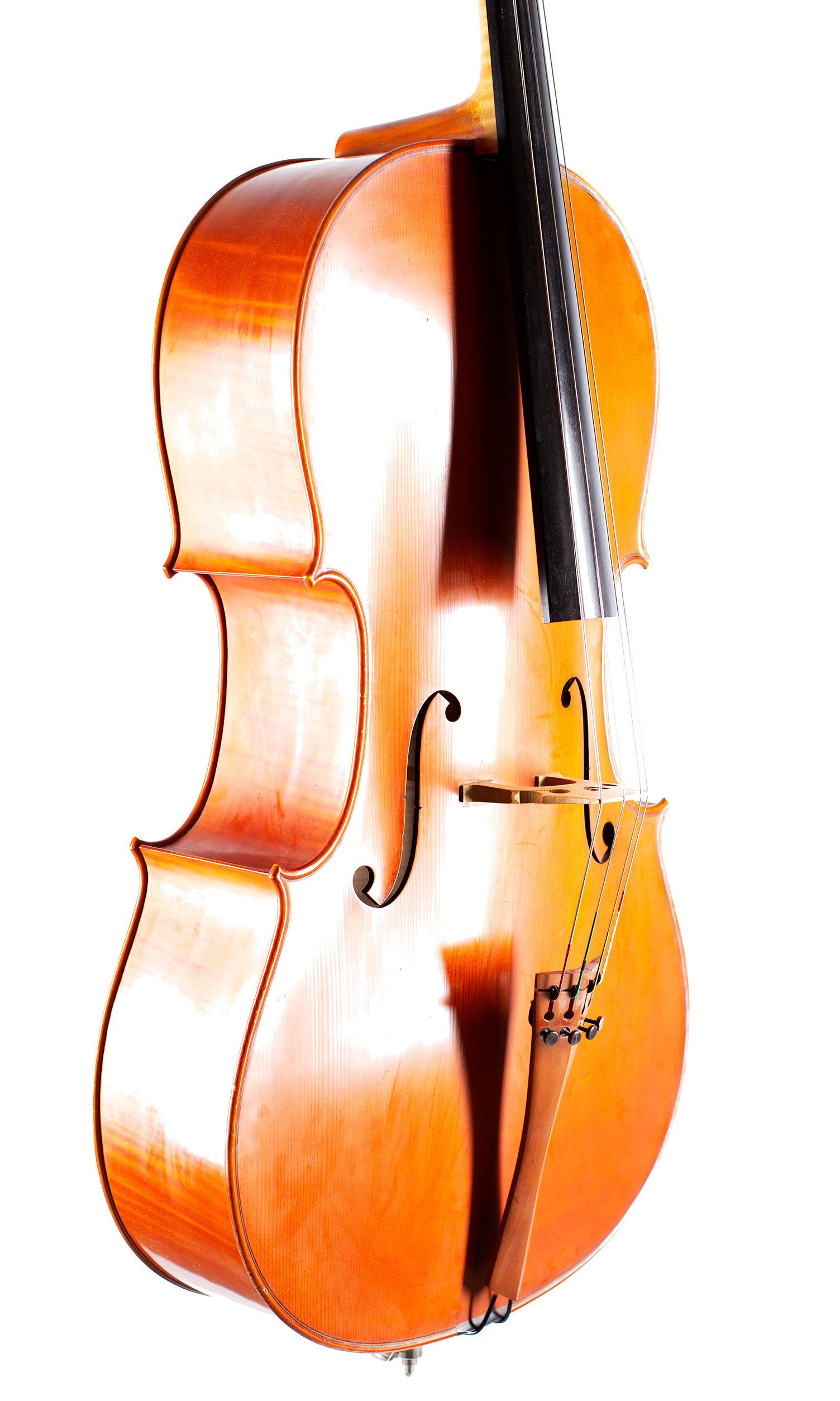 A cello by Rowland Ross, Guildford, 1979 — angled view, 50°