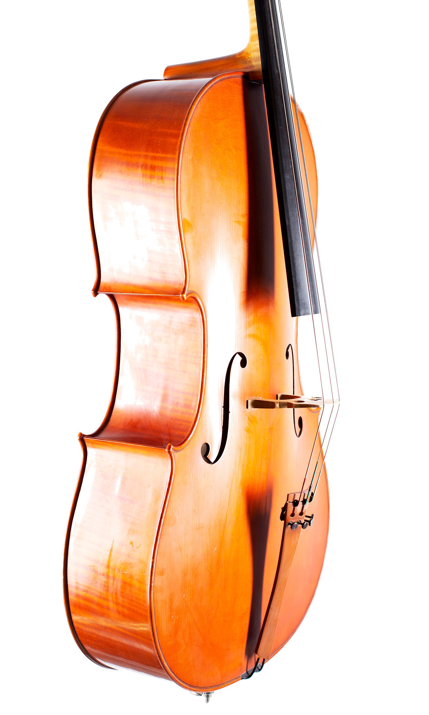 A cello by Rowland Ross, Guildford, 1979 — angled view, 60°