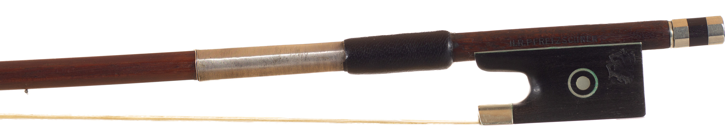 A nickel-mounted violin bow, by H. R. Pfretzschner — frog