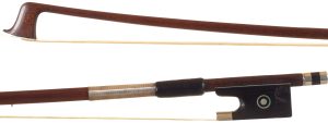 A nickel-mounted violin bow, by H. R. Pfretzschner — head and frog