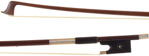 A nickel-mounted violin bow, by H. R. Pfretzschner — head and frog