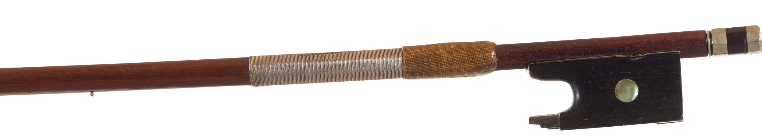 A nickel-mounted violin bow, by Albert Nurnberger — frog