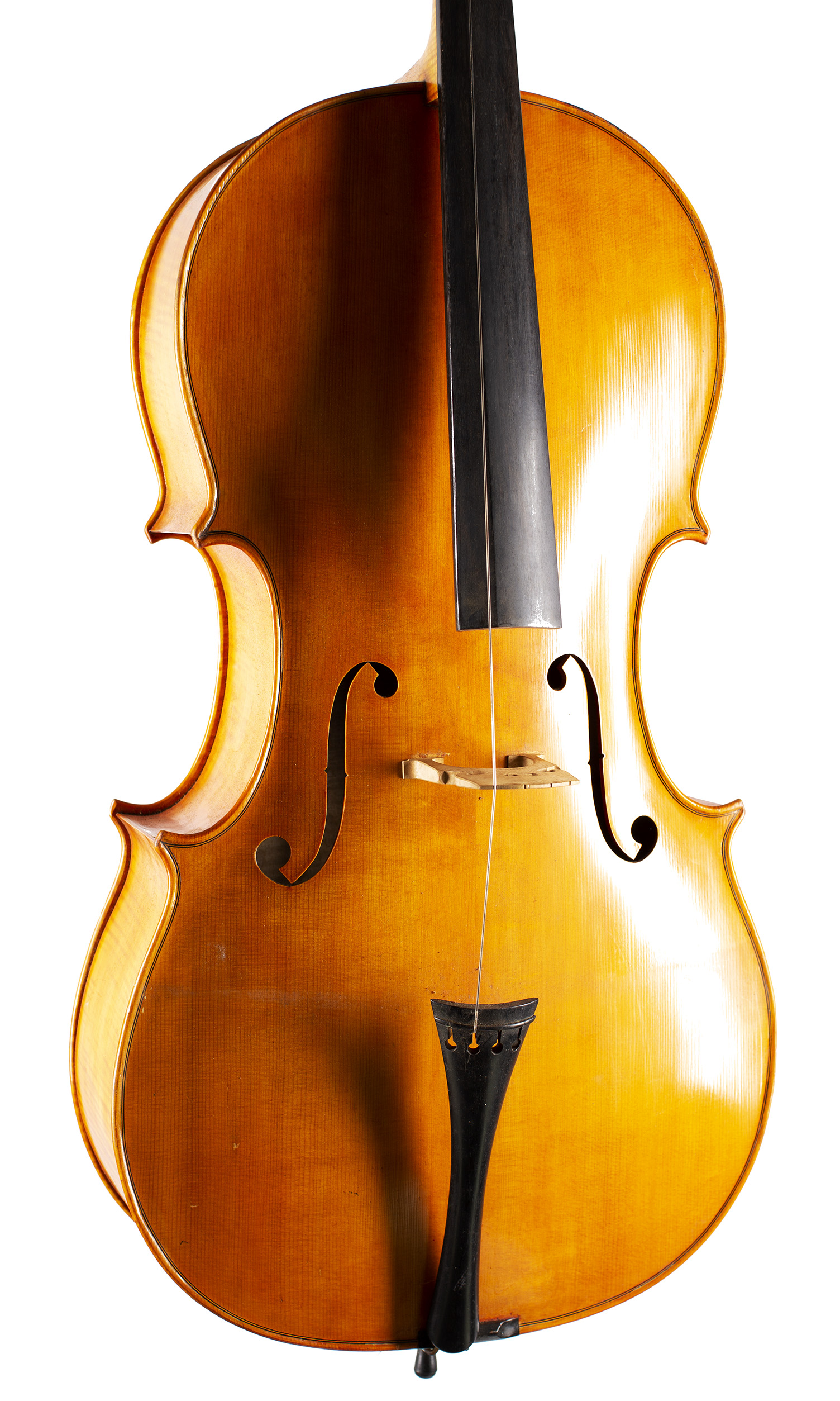 A cello by Harry Dobbs, Sutton Coldfield, 1969 — angled view, 20°