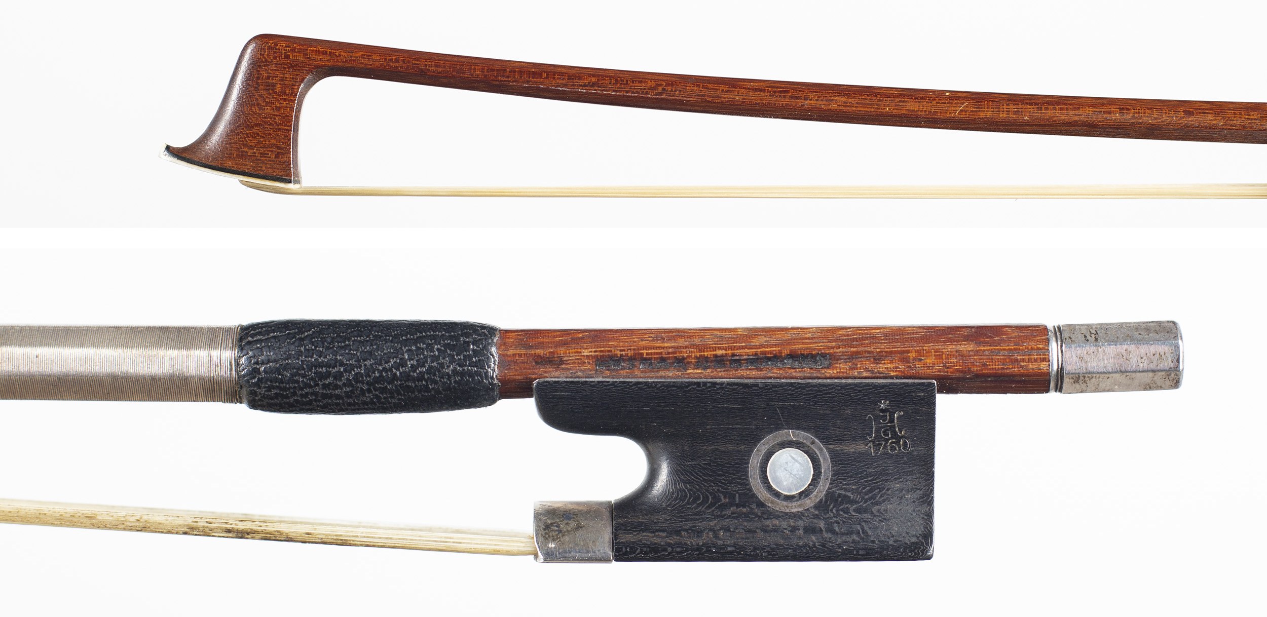 A silver-mounted violin bow by Lothar Hermann — head and frog
