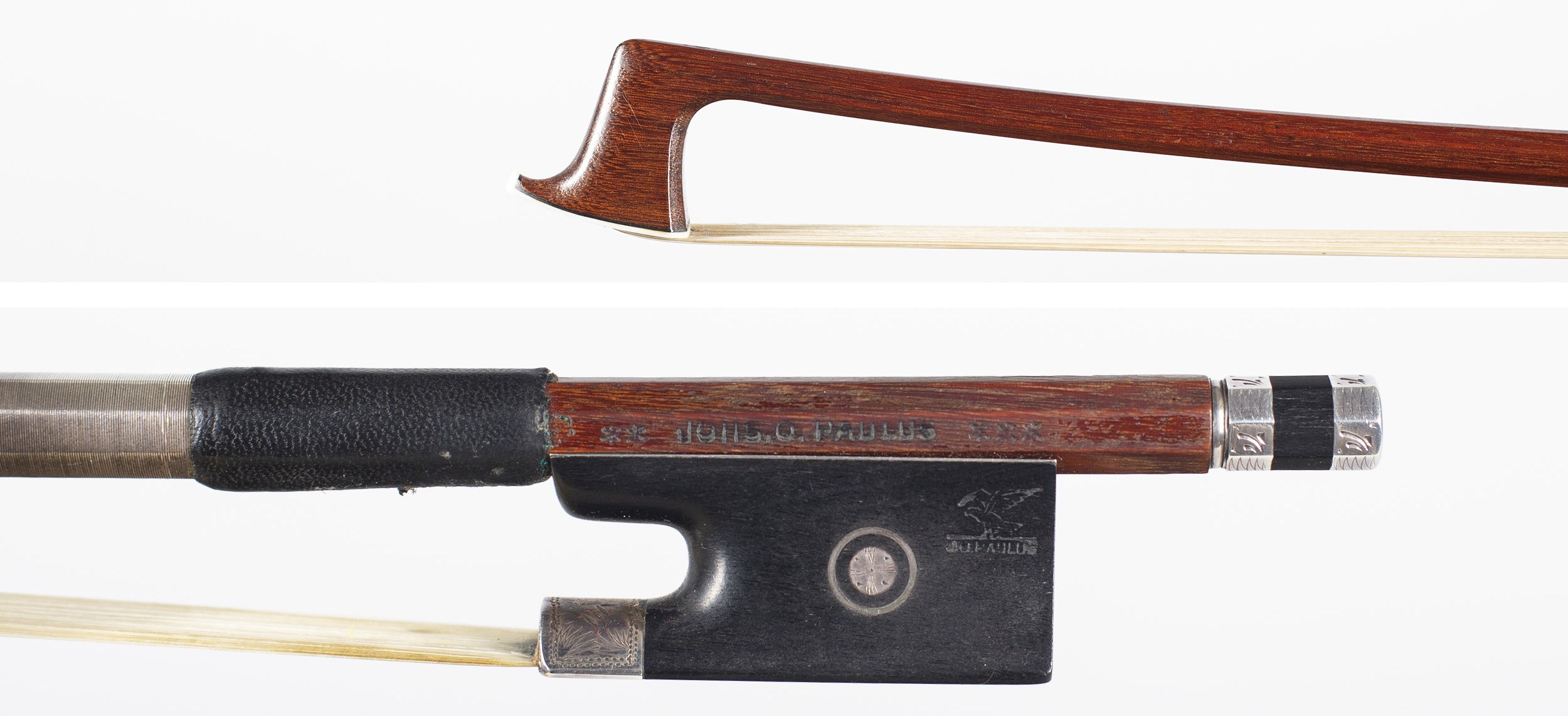 A silver-mounted viola bow by J. O. Paulus — head and frog