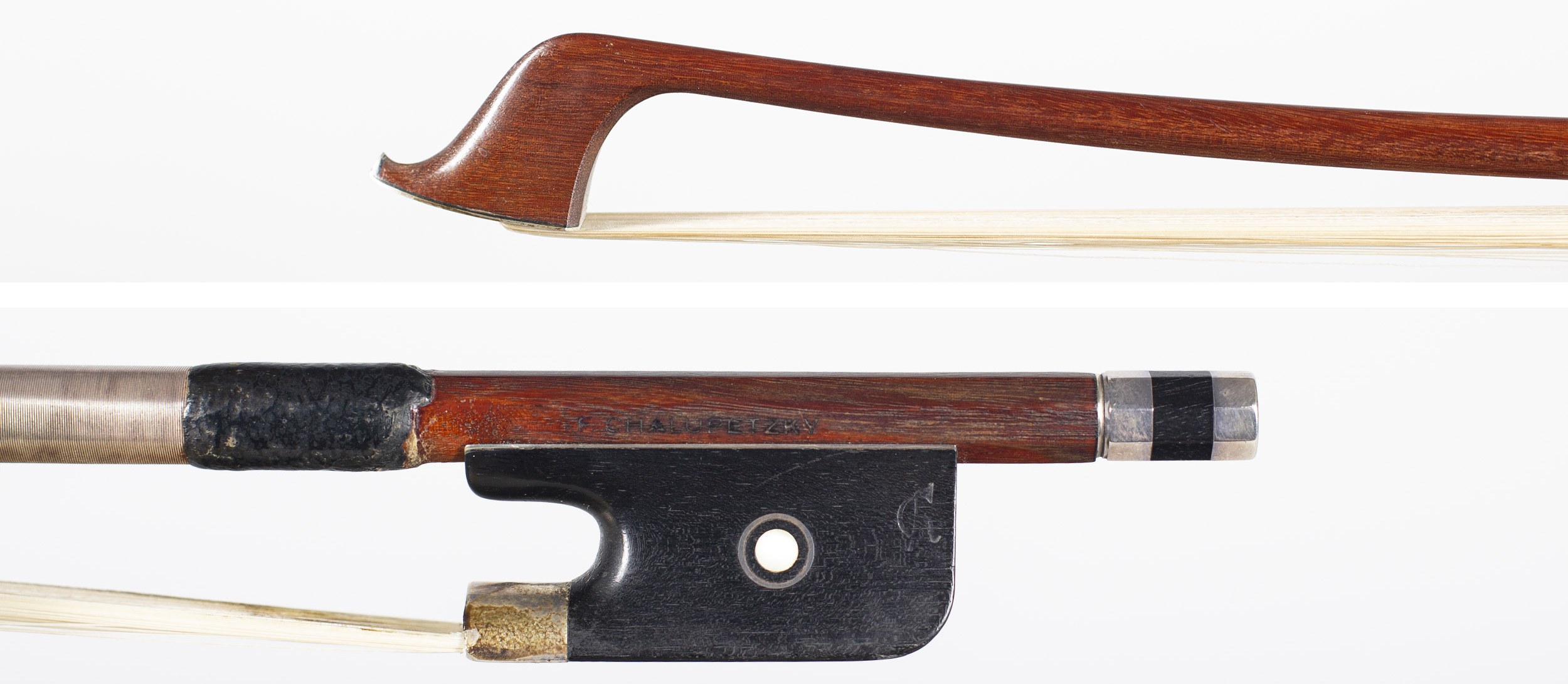 A silver mounted cello bow by F. Chalupetsky — head and frog