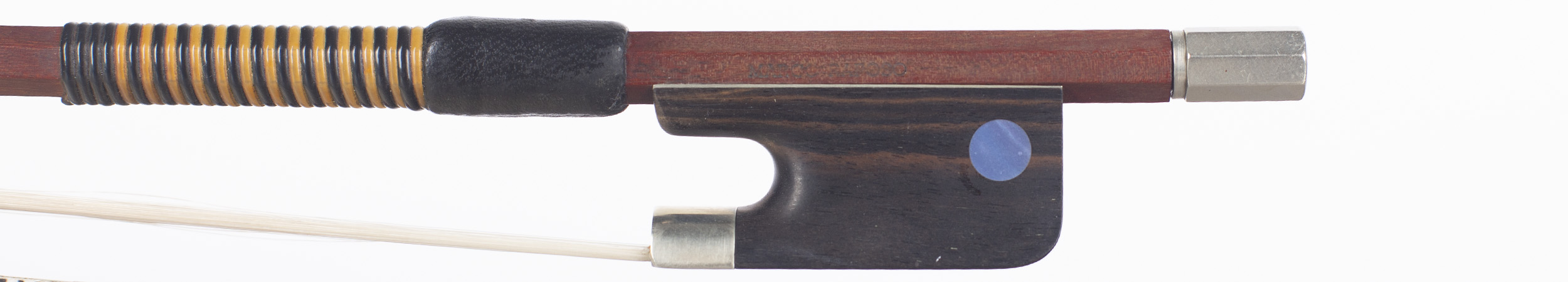 A nickel-mounted cello bow by Marco Raposo, Brazil — frog