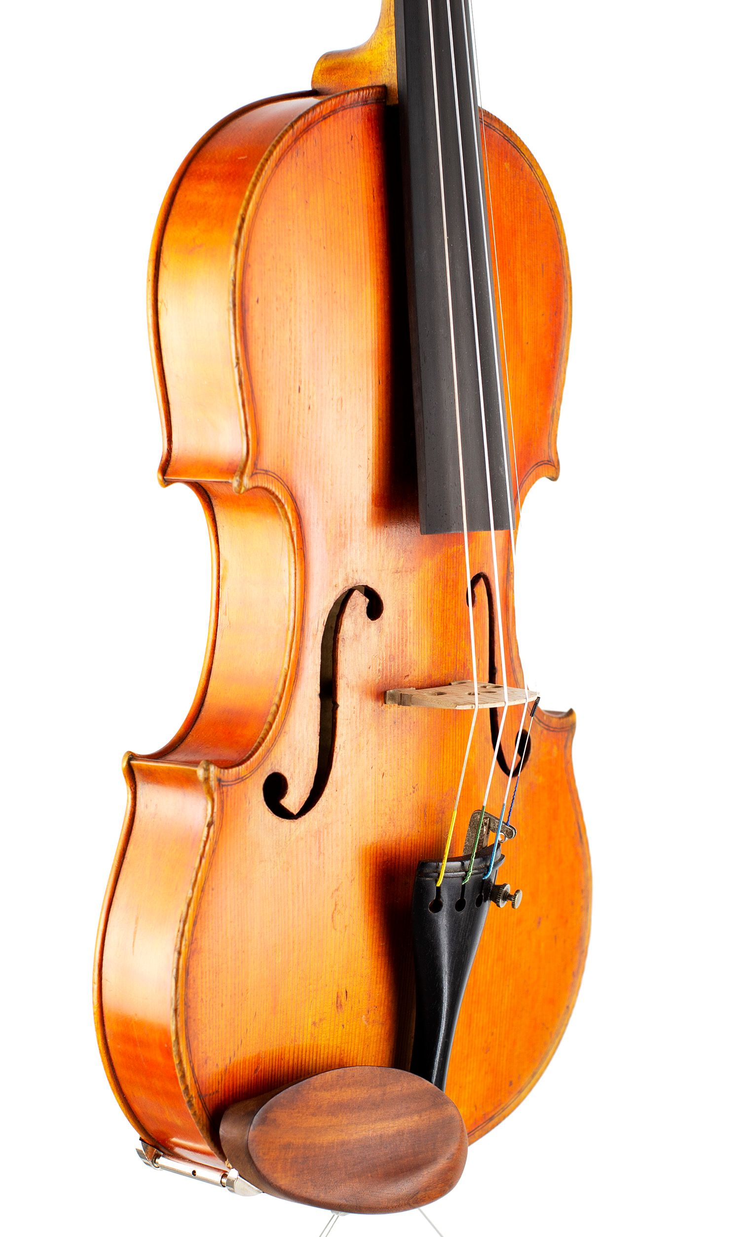 Violin by Alfredo G. Galea, Durban, 1958 — angled view, 50°