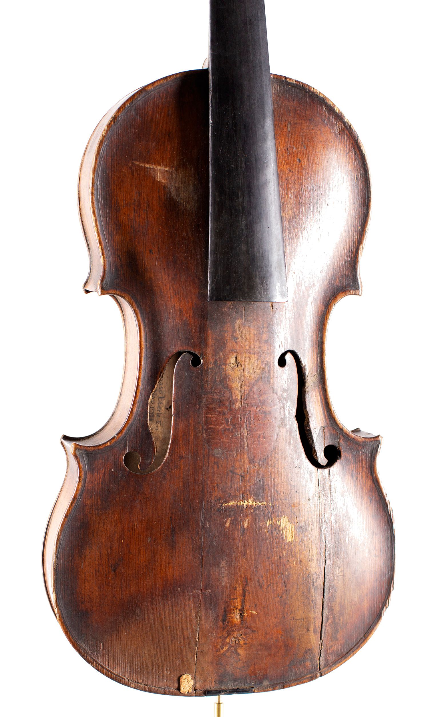 Violin by Tomaso Eberle, Naples, 1785 — angled view, 20°