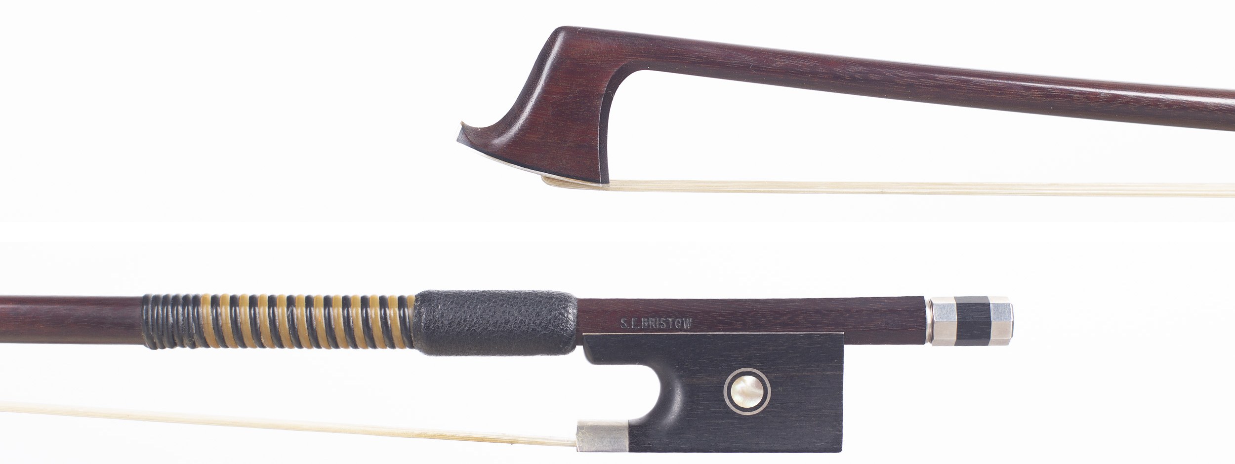 A silver - mounted violin bow by Stephen Bristow, Bristol — head and frog