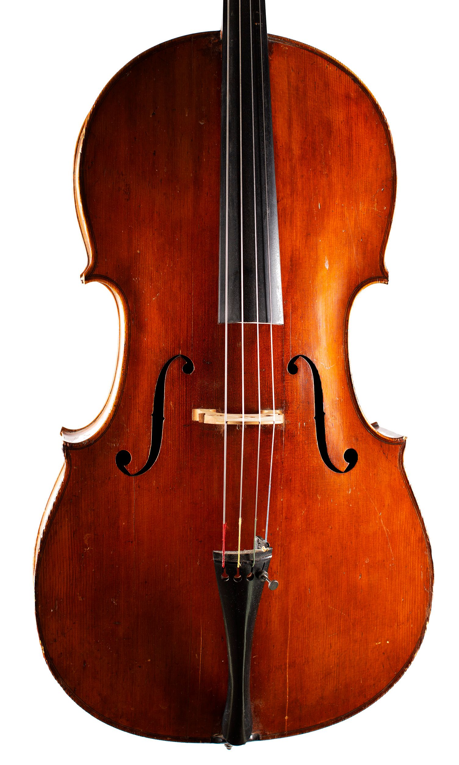 Cello, Workshop of Louis Lowendall, Berlin, 1895 — angled view, 10°