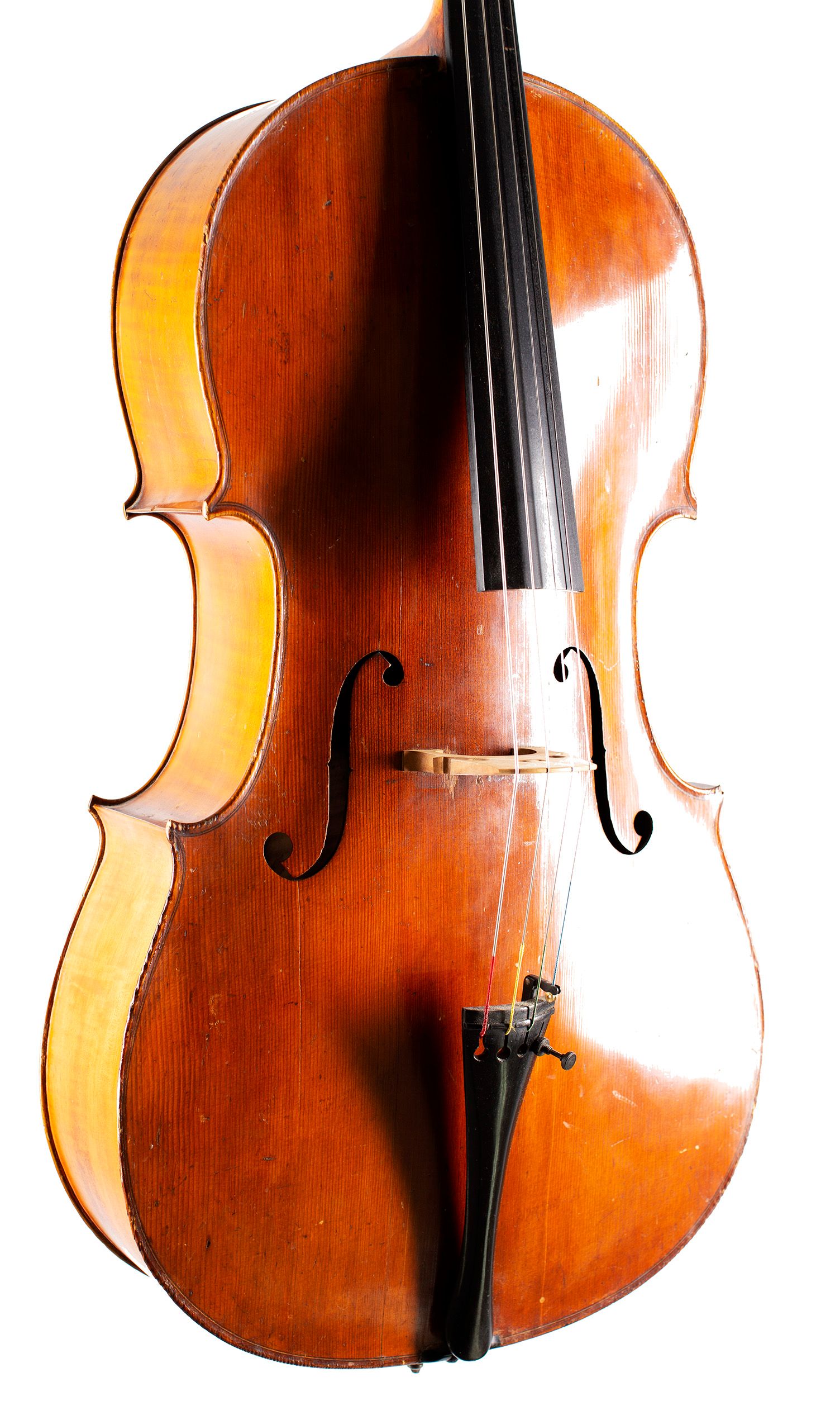 Cello, Workshop of Louis Lowendall, Berlin, 1895 — angled view, 30°