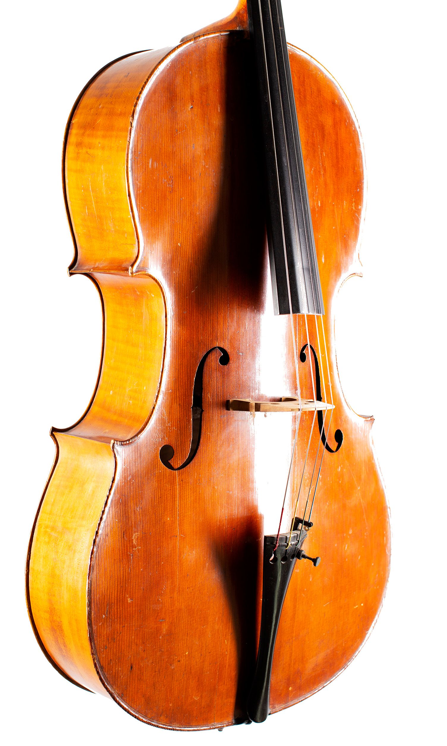 Cello, Workshop of Louis Lowendall, Berlin, 1895 — angled view, 40°