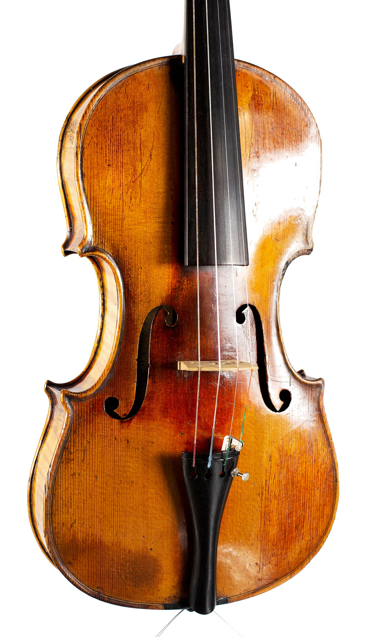 Violin, Workshop of Louis Lowendall, Dresden — angled view, 20°