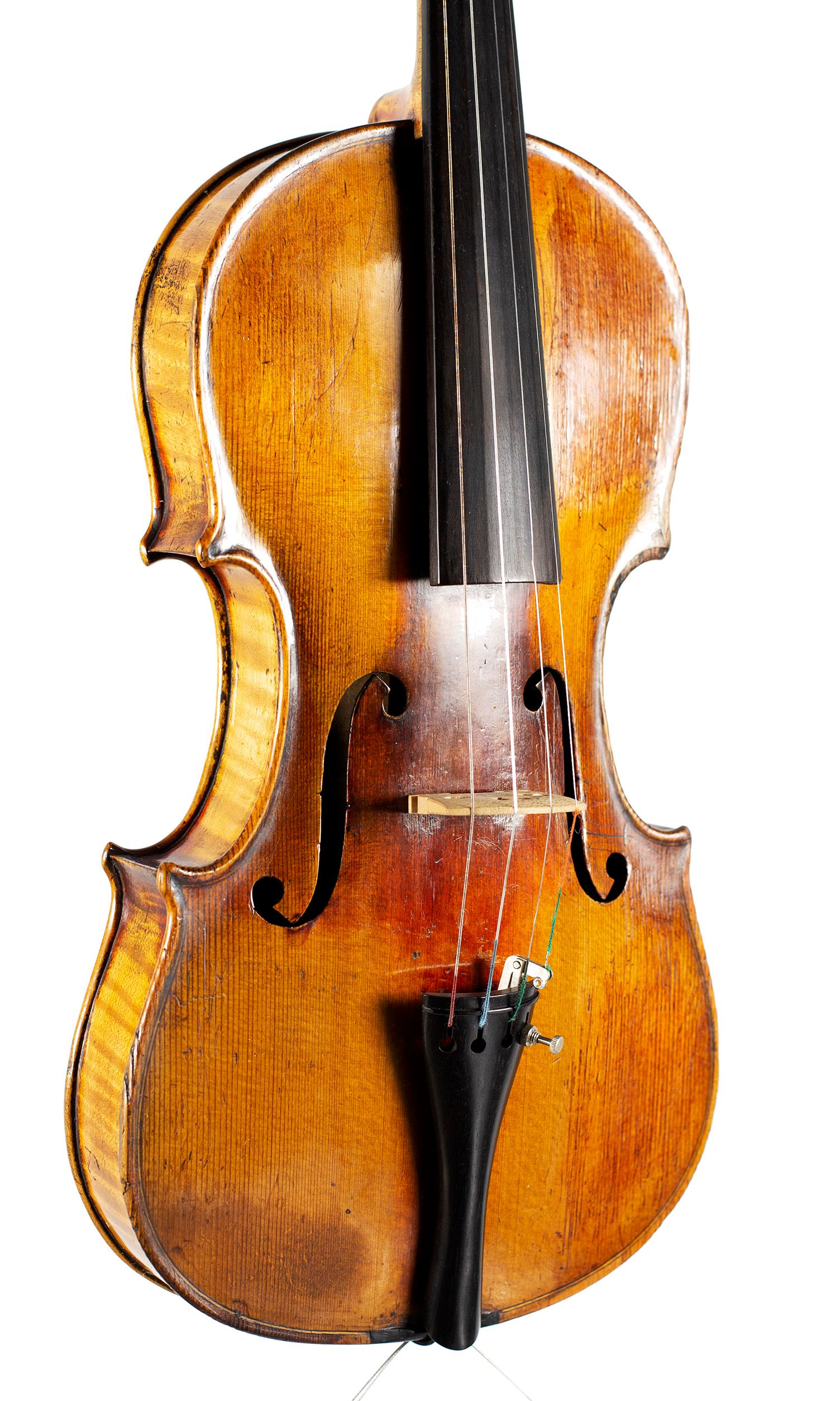 Violin, Workshop of Louis Lowendall, Dresden — angled view, 30°