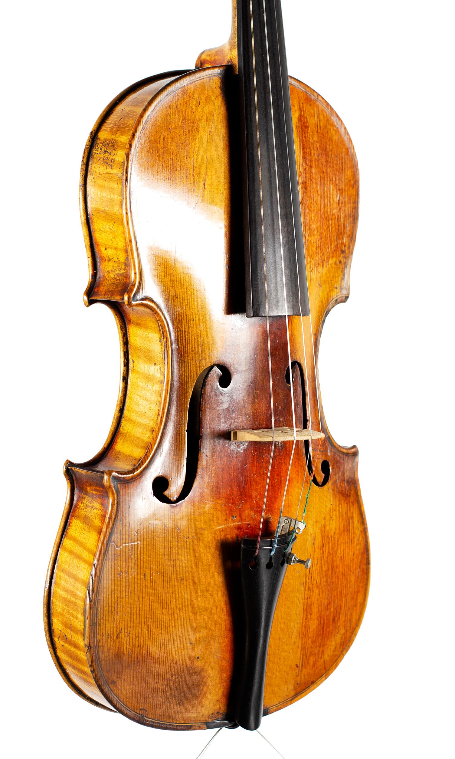 Violin, Workshop of Louis Lowendall, Dresden — angled view, 40°