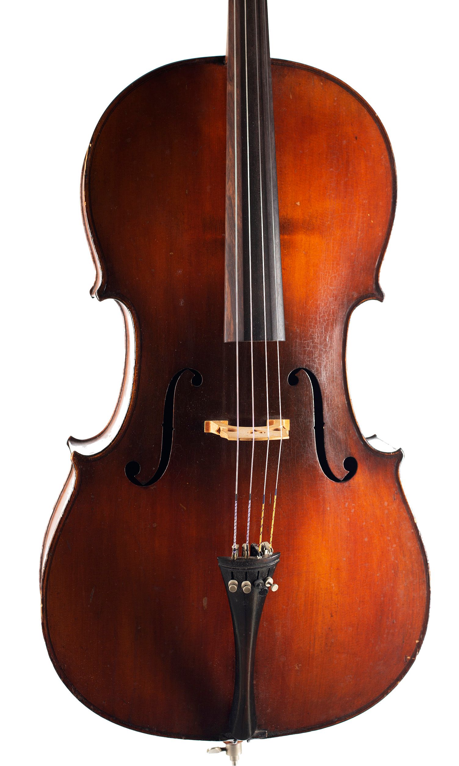 Cello, Workshop of Jerome Thibouville-Lamy, Mirecourt, circa 1900 — angled view, 10°