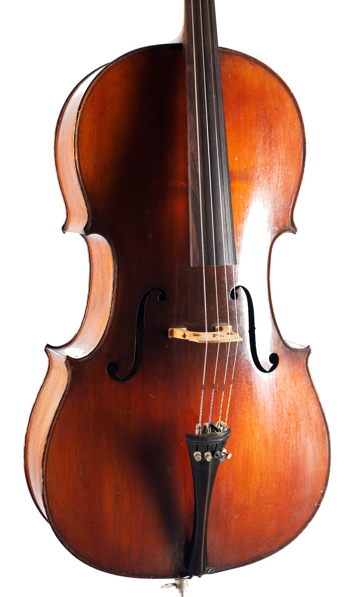 Cello, Workshop of Jerome Thibouville-Lamy, Mirecourt, circa 1900 — angled view, 20°