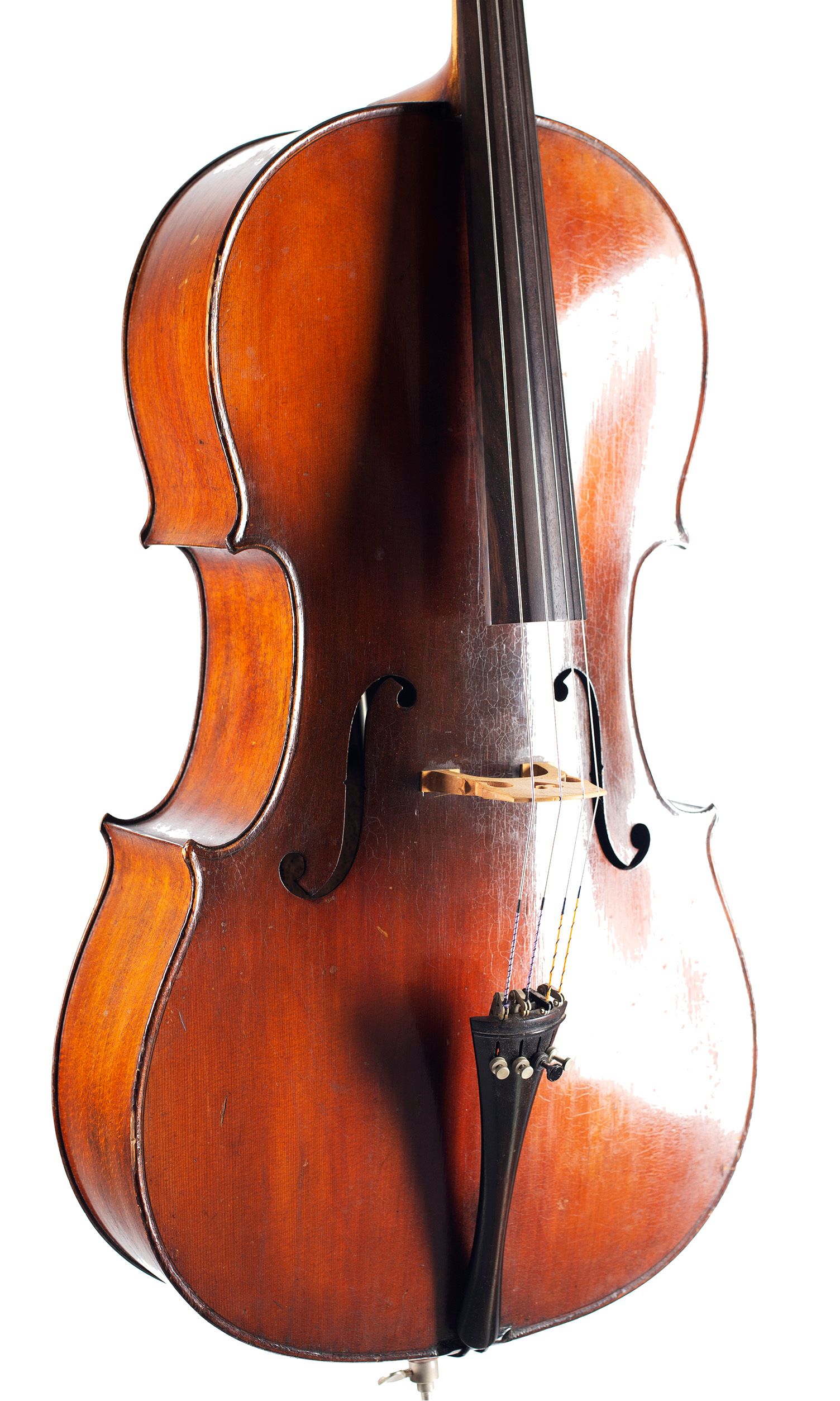 Cello, Workshop of Jerome Thibouville-Lamy, Mirecourt, circa 1900 — angled view, 30°