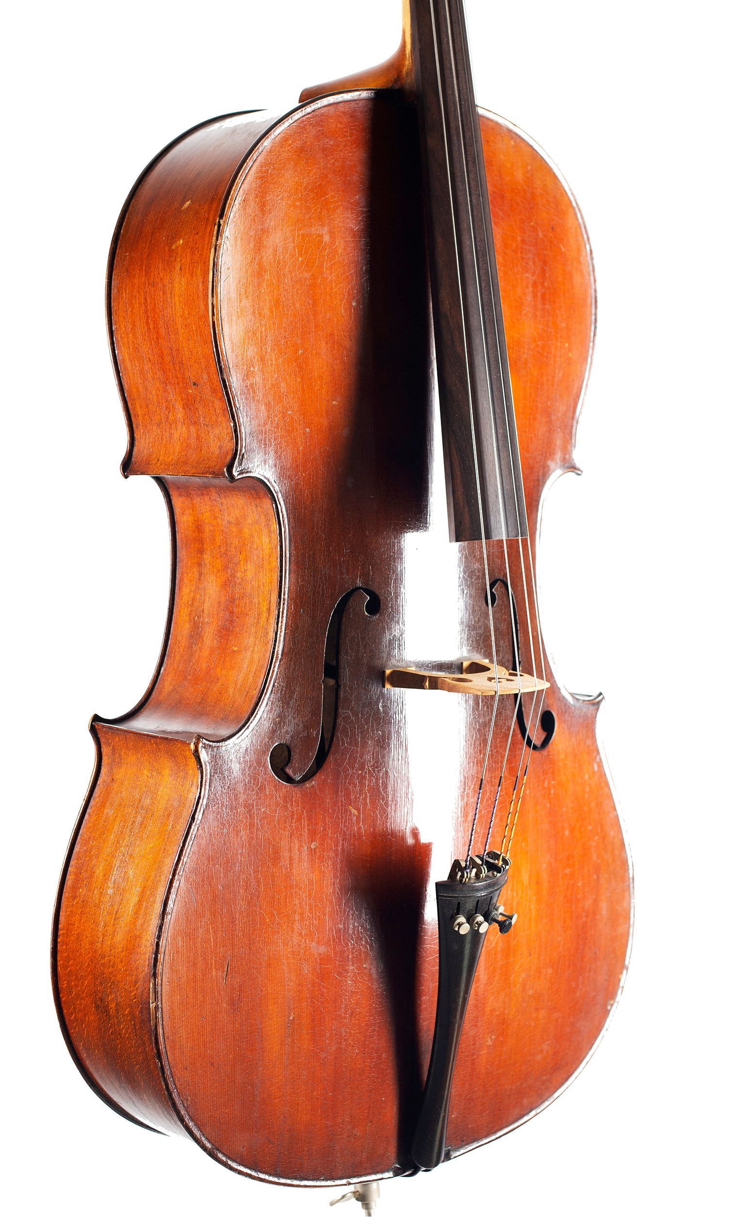 Cello, Workshop of Jerome Thibouville-Lamy, Mirecourt, circa 1900 — angled view, 40°