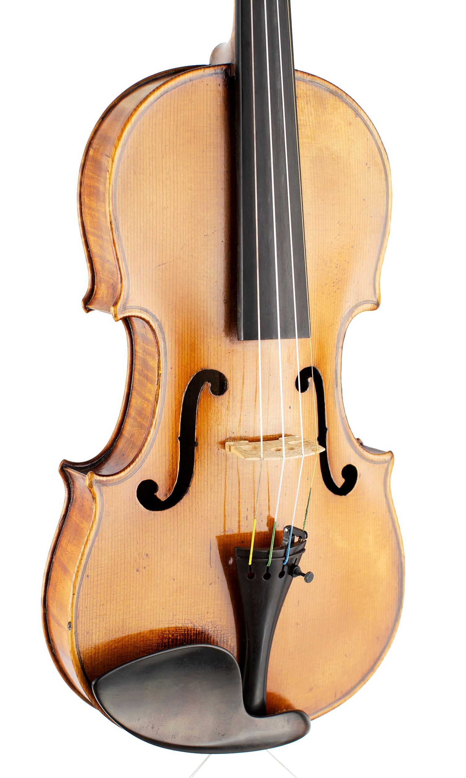 A violin by Ch. J. B. Collin-Mezin Pere, Mirecourt 1900 — angled view, 30°