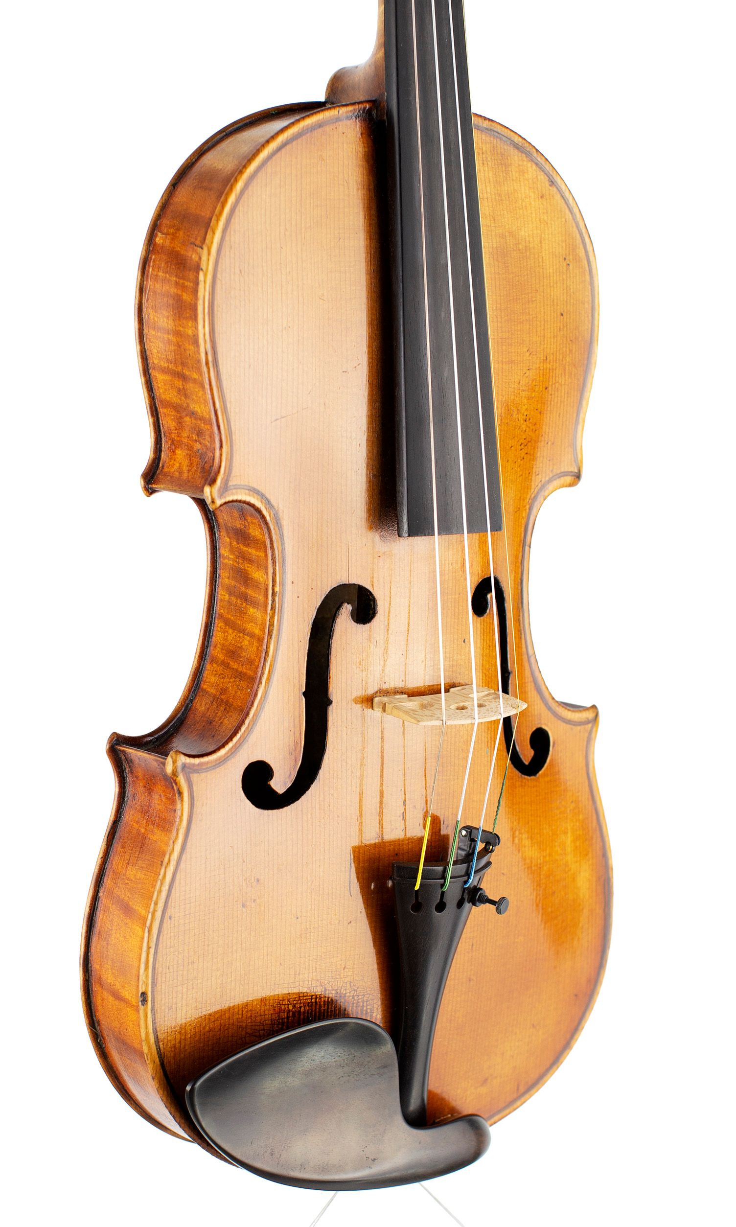 A violin by Ch. J. B. Collin-Mezin Pere, Mirecourt 1900 — angled view, 40°