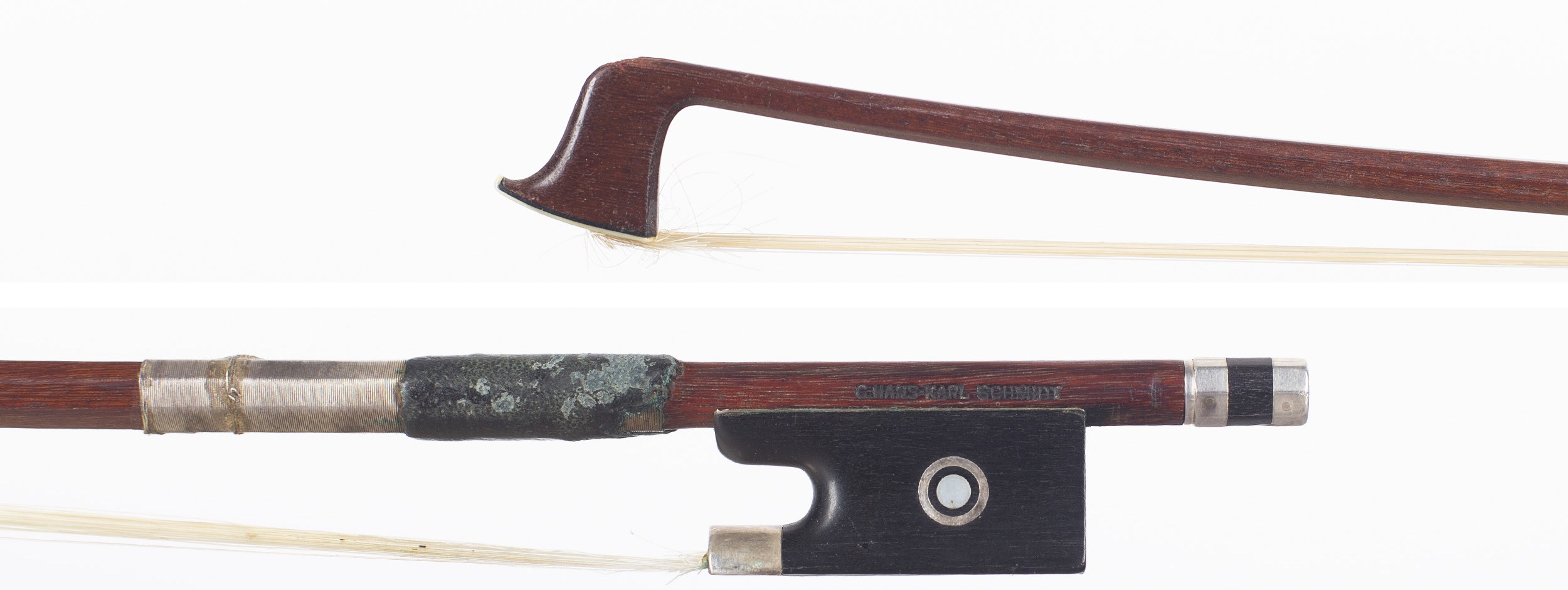 A silver-mounted violin bow by Hans-Karl Schmidt, Dresden — head and frog