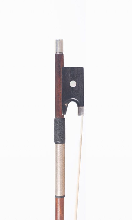 A silver-mounted violin bow by W. E. Hill & Sons, London — frog detail