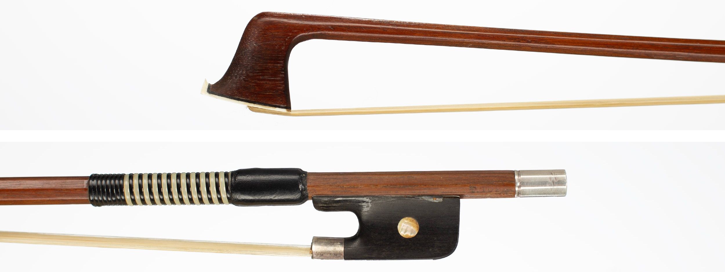A silver-mounted viola bow by Thomas Tubbs, London, circa 1850 — head and frog