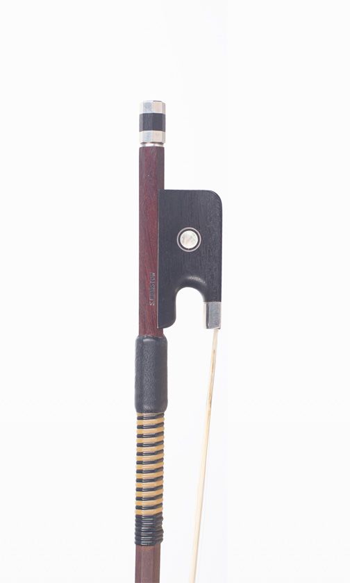 A silver-mounted cello bow by Stephen Bristow — frog detail