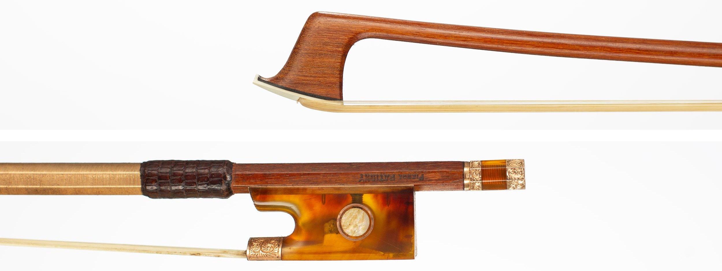 The Ex Menuhin gold and tortoiseshell-mounted violin bow by Pierre Patigny, Brussels — head and frog