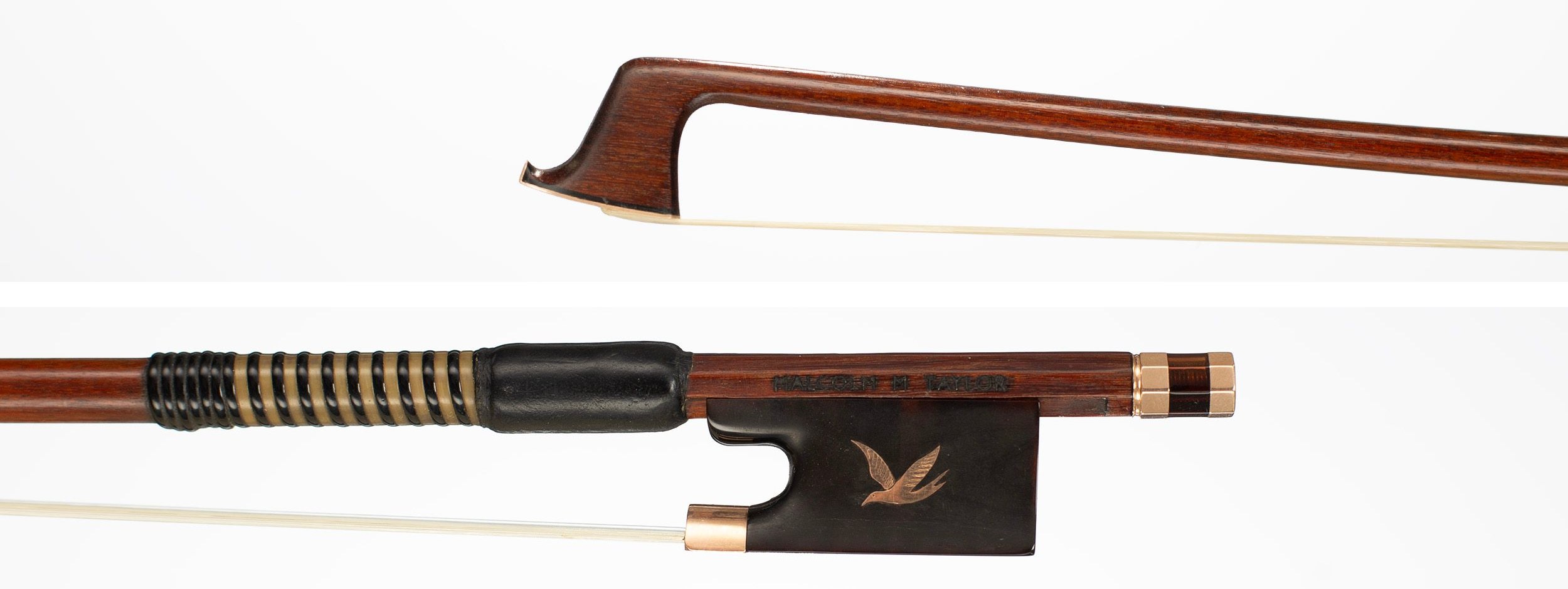 A gold and tortoiseshell-mounted violin bow by Malcolm Taylor, London — head and frog