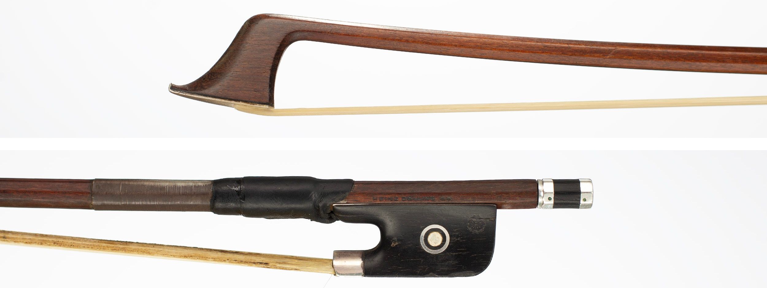 A silver-mounted cello bow by Heinz Dolling, Germany, circa 1920 — head and frog
