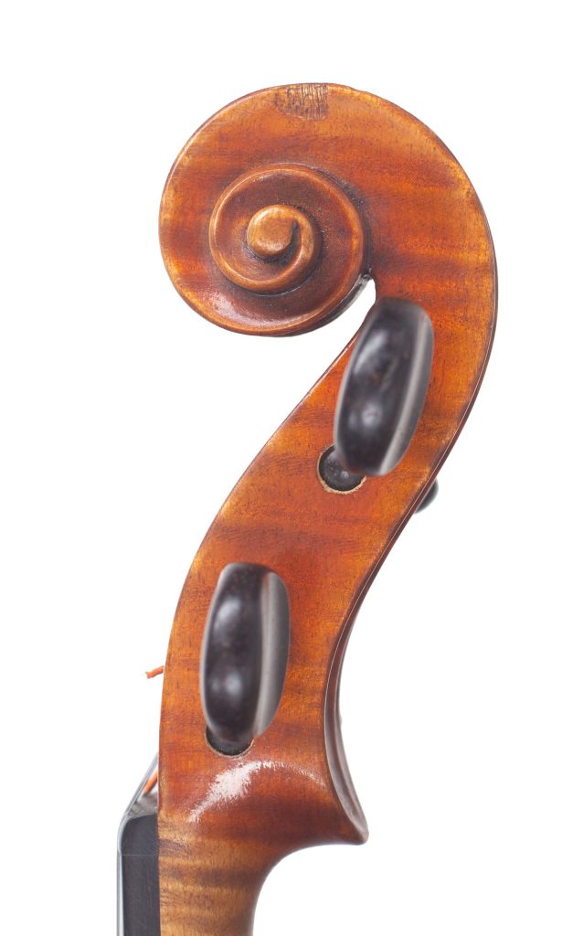 Violin, Workshop of Philipp Emmanuel Glaesel, Markneukirchen, 1943 — scroll