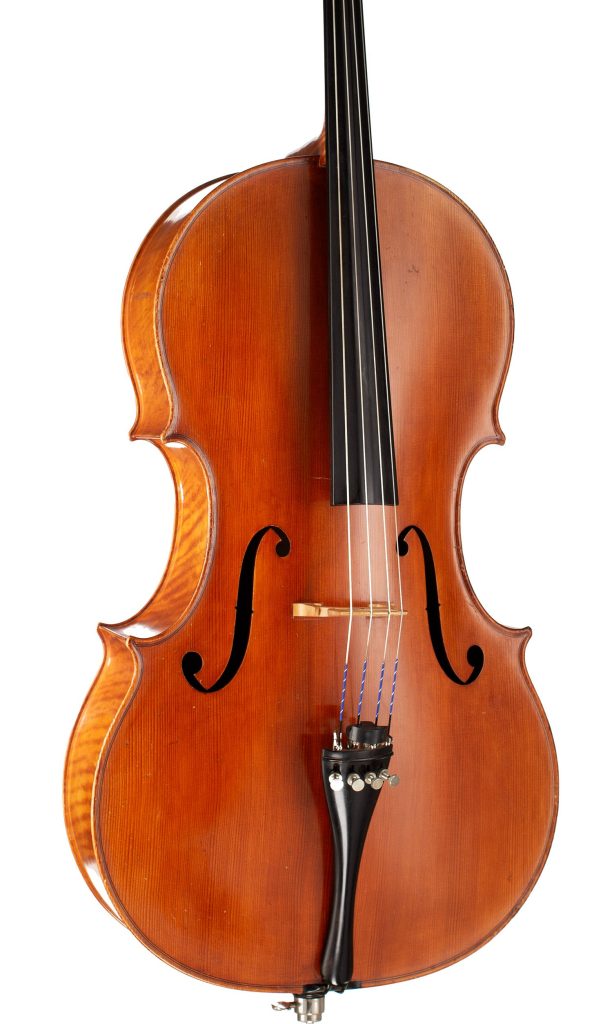 A cello by Bruno Paulus, Mittenwald, circa 1960 — angled view, 20°