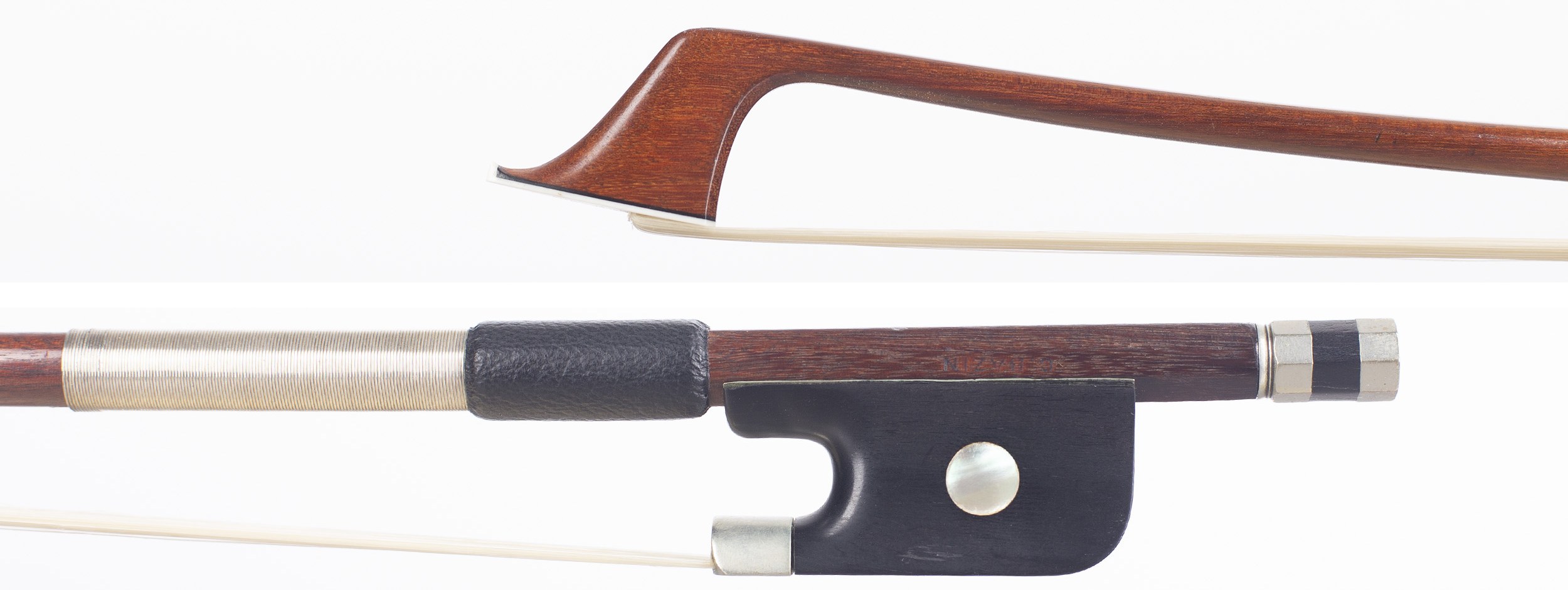 A nickel-mounted cello bow by Charles Bazin, Mirecourt, circa 1910 — head and frog