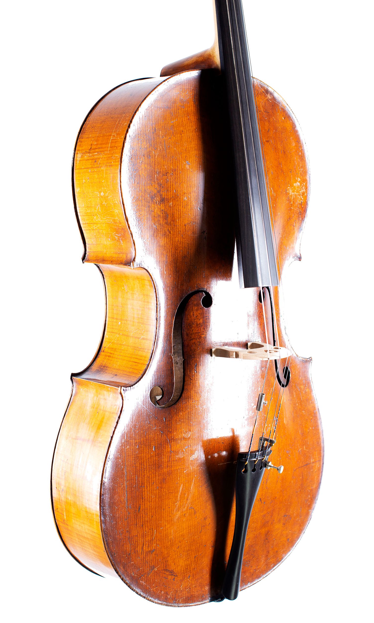 Cello by Charles and Samuel Thompson, London, circa 1770 — angled view, 40°