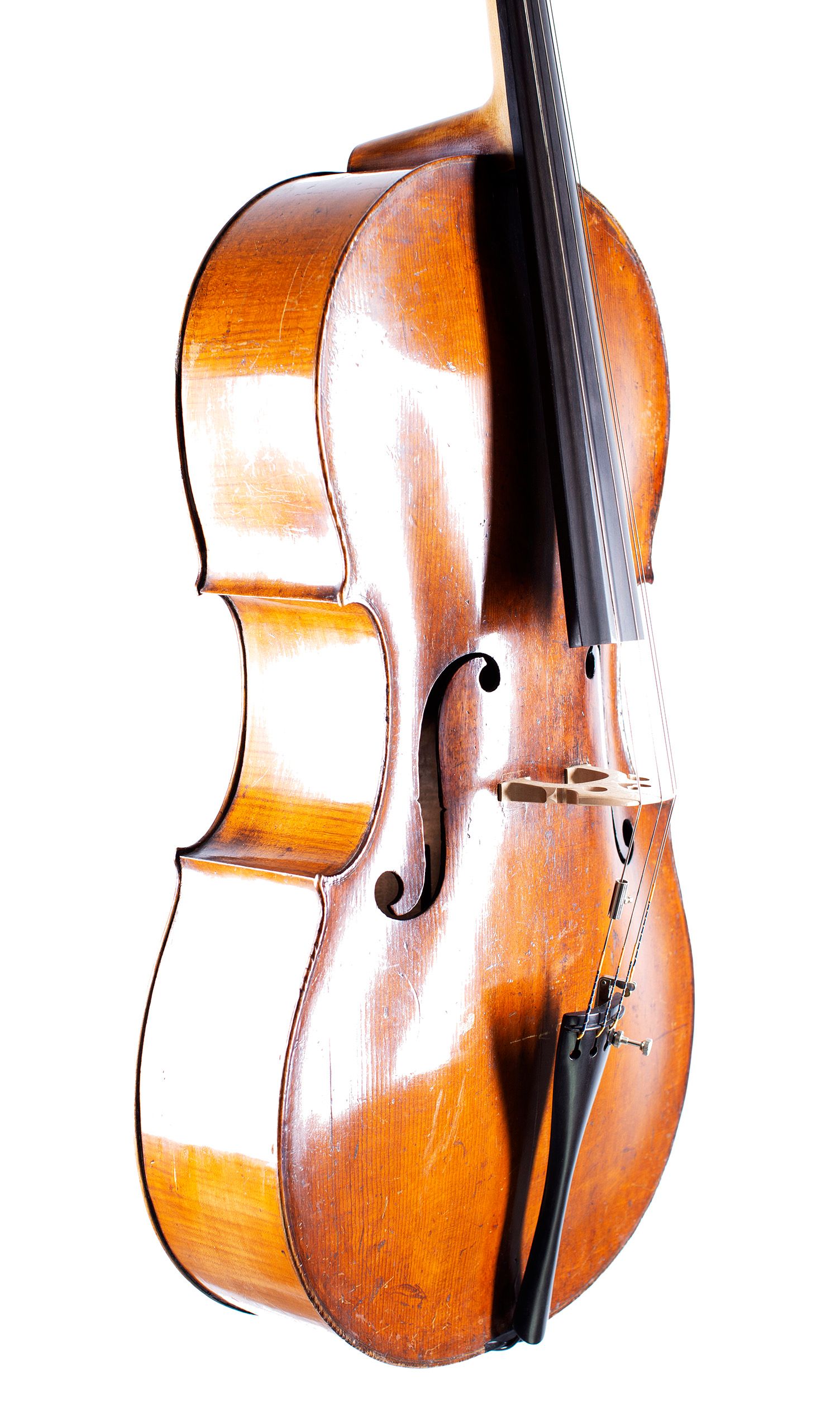 Cello by Charles and Samuel Thompson, London, circa 1770 — angled view, 50°