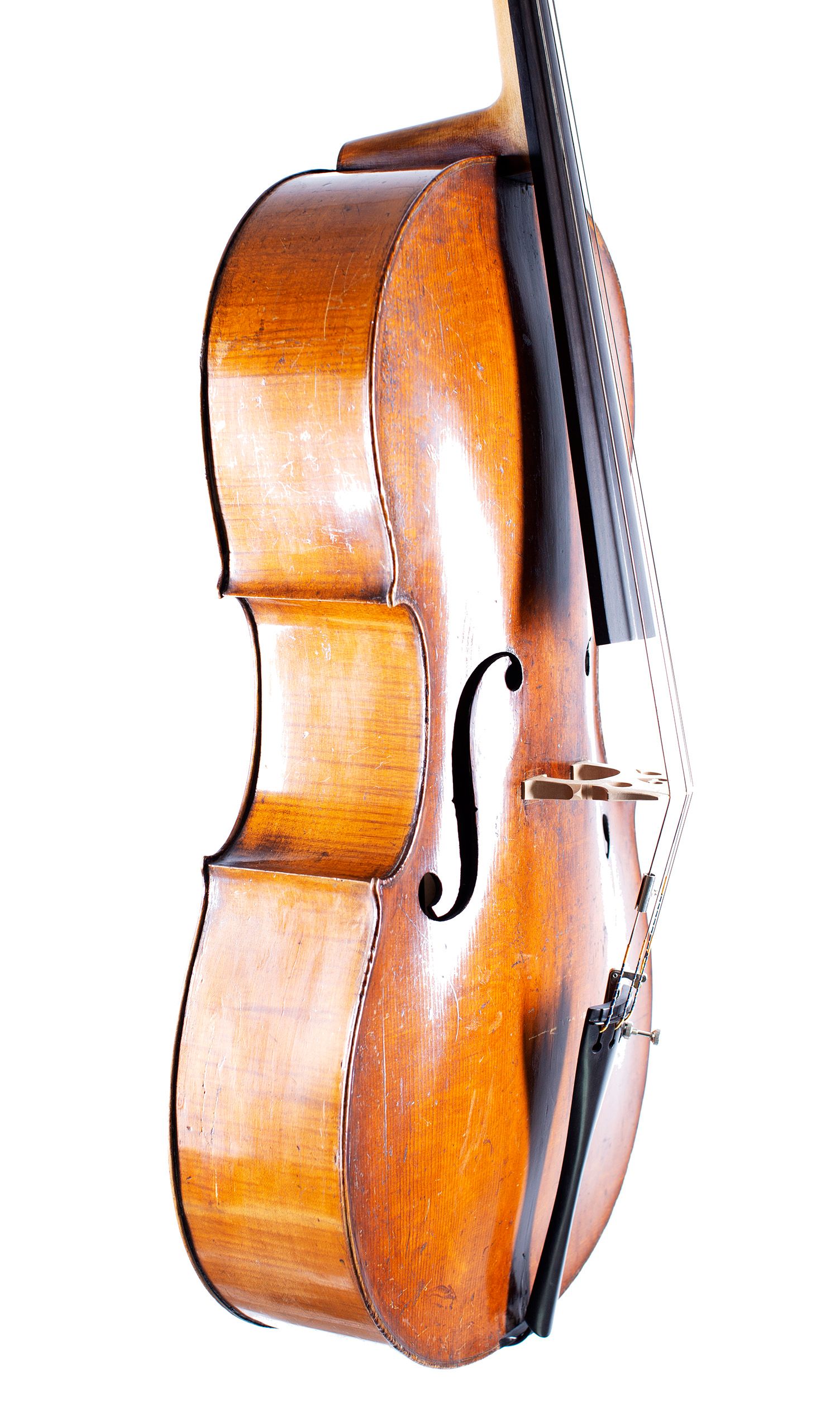 Cello by Charles and Samuel Thompson, London, circa 1770 — angled view, 60°
