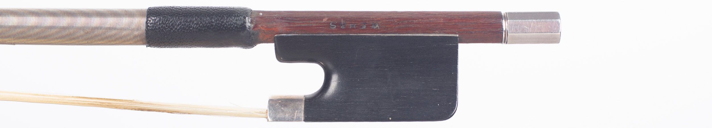 A silver-mounted cello bow by W. E. Hill & Sons, London — frog