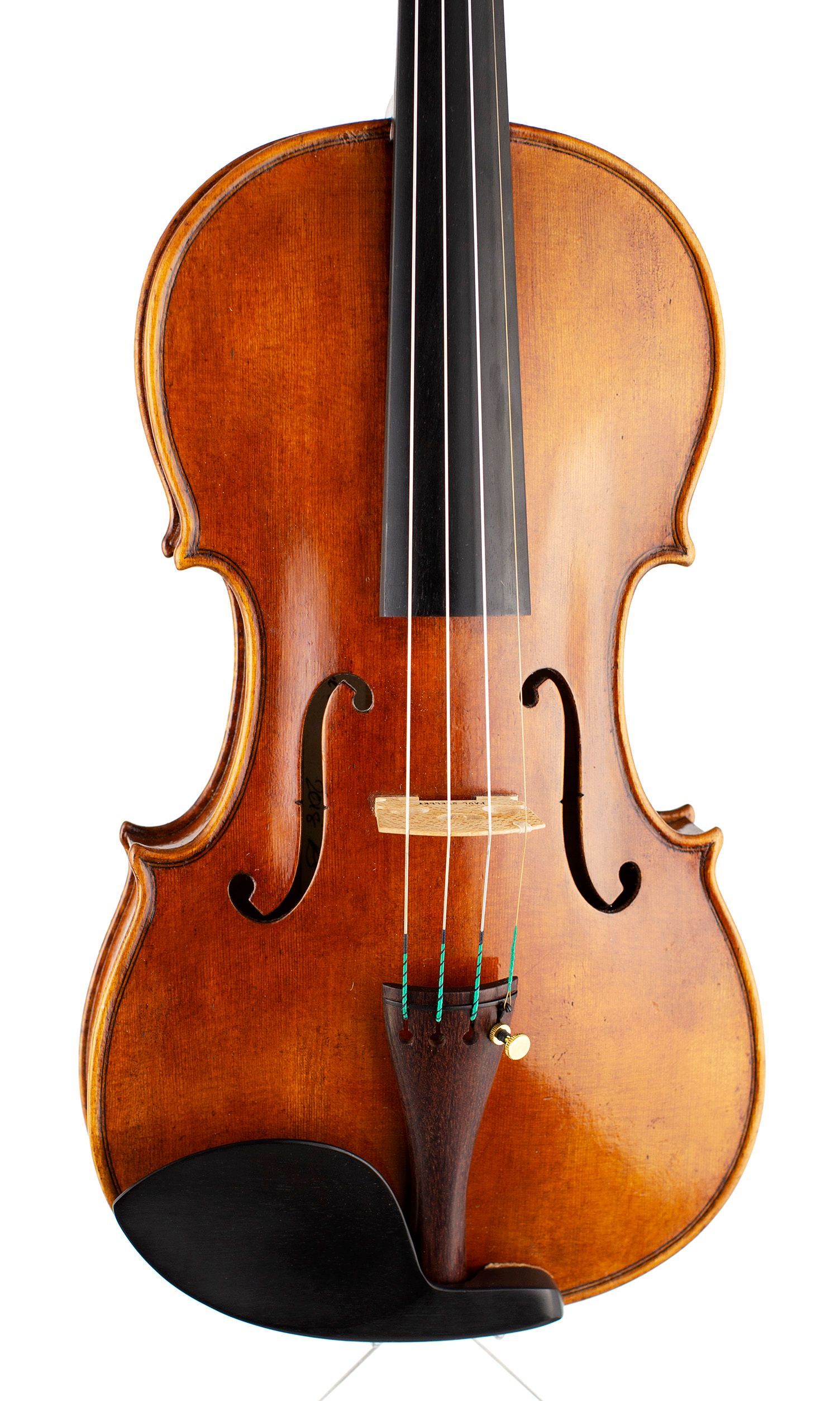 A violin by Paul Shelley, Birmingham, 2018 — angled view, 10°