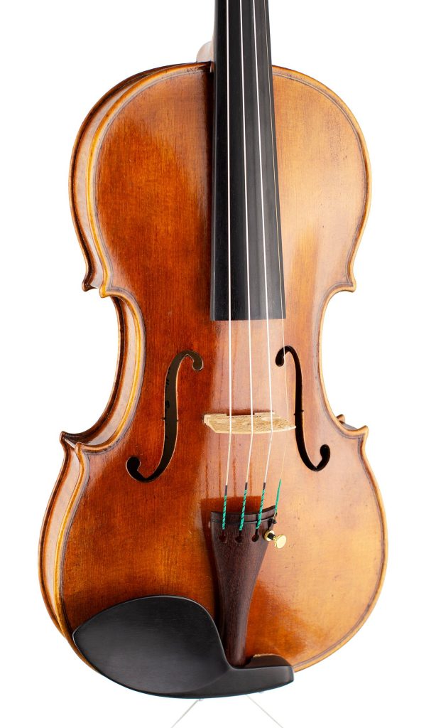 A violin by Paul Shelley, Birmingham, 2018 — angled view, 20°